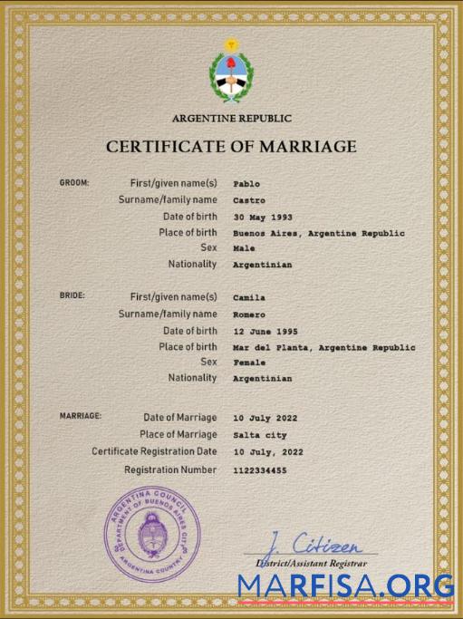 Realistic Argentina marriage certificate PSD template